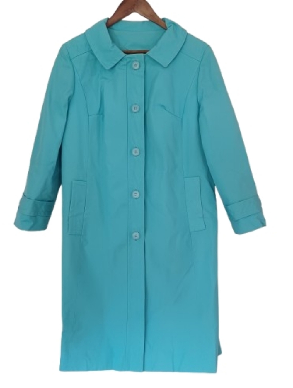Main Street Fashion Sun Rain Storm Turquoise Retro Mod Midi Trench Coat -Size 12